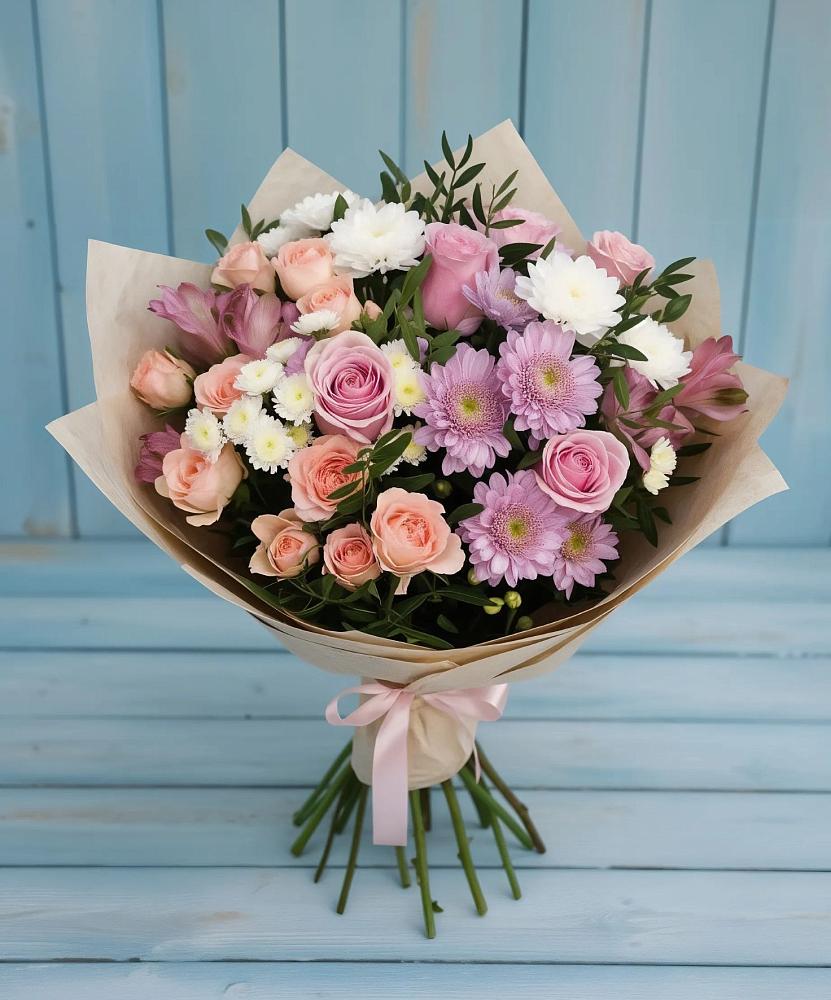 Букет цветов из: Хризантемы, Розы и Альстромерии в Пшизове