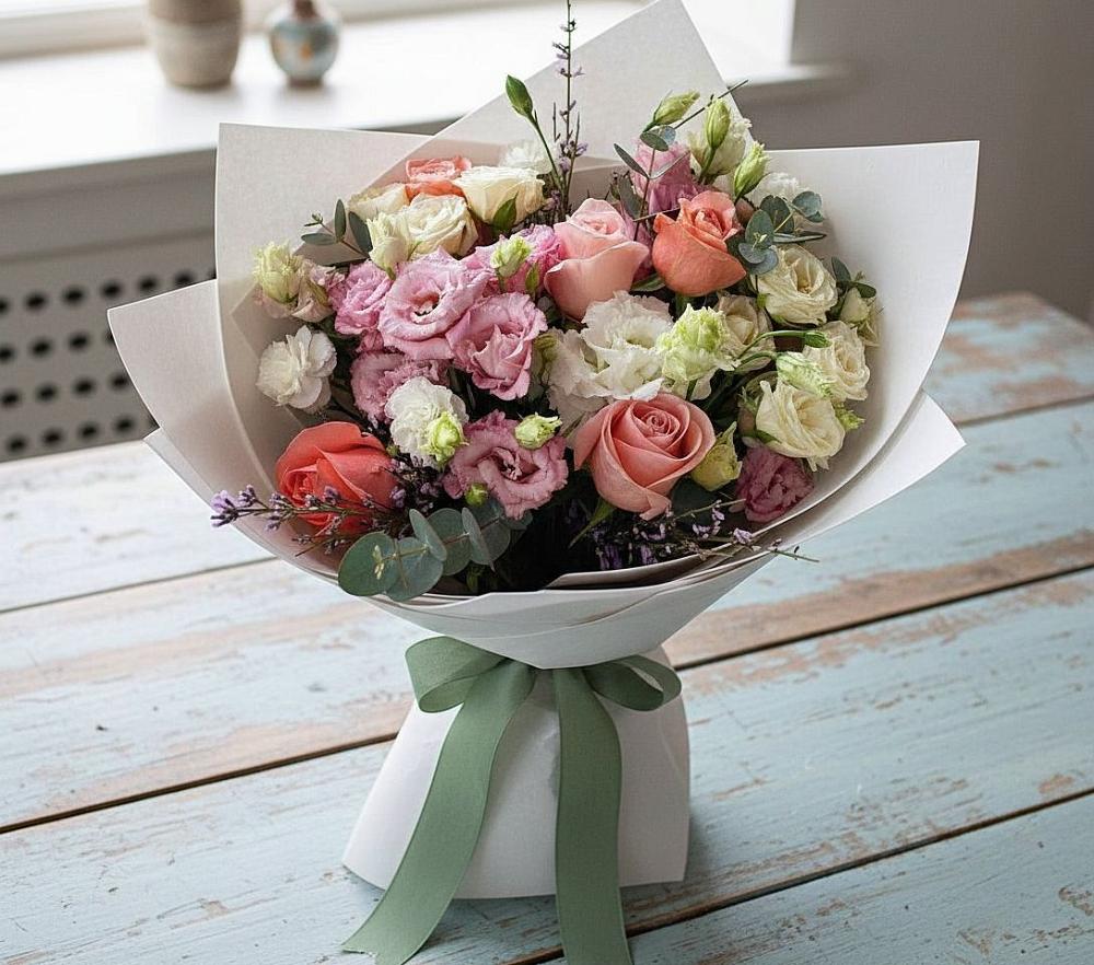 Букет цветов из: Розы, Лизиантусы и Гвоздики в Пшизове