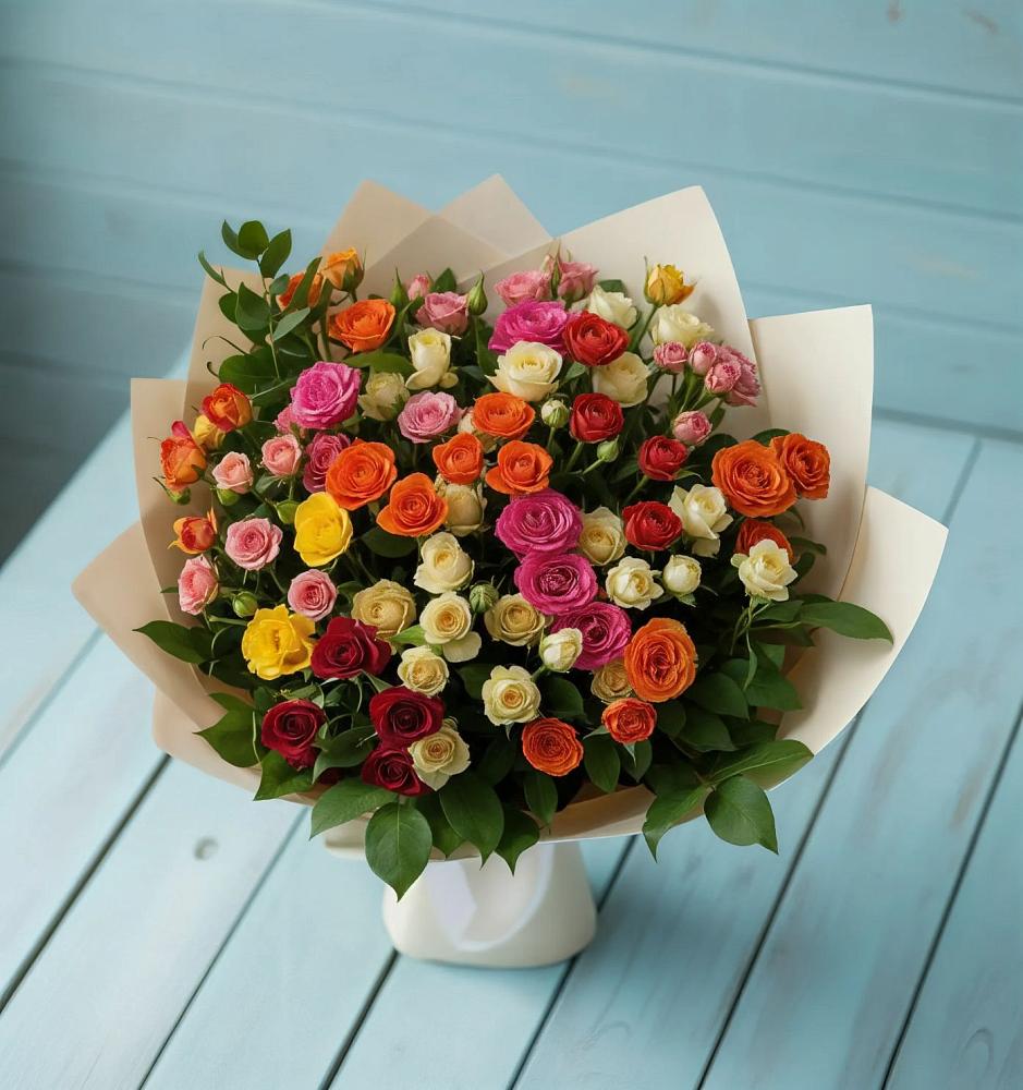 Букет Микс из разноцветных кустовых роз в Пшизове