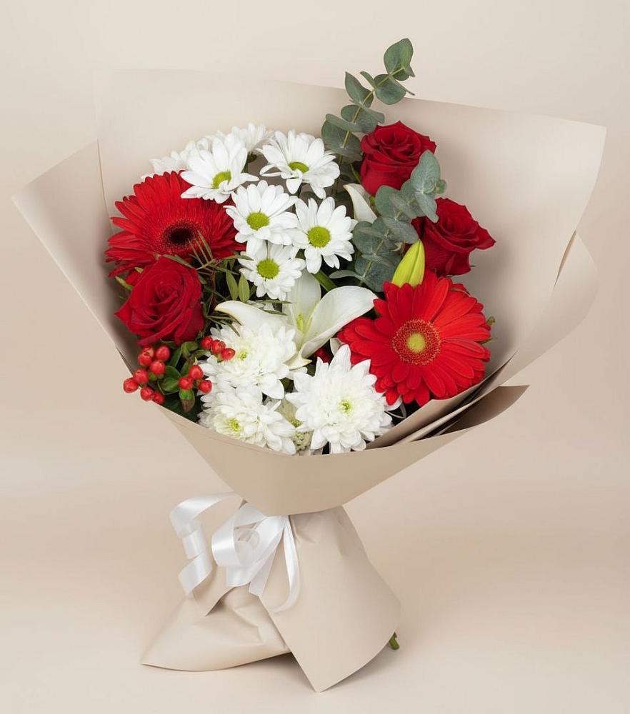 Букет цветов из: Розы, Хризантемы, Герберы и Лилии в Пшизове