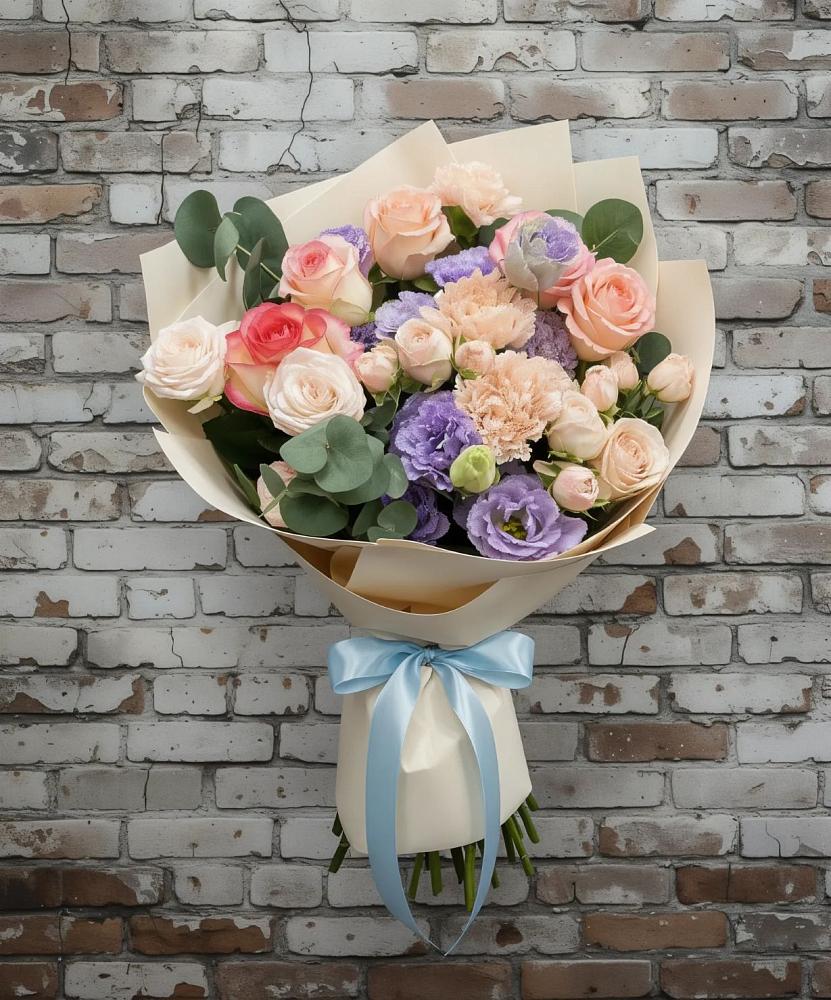 Букет цветов из: Розы, Лизиантусы и Гвоздики в Пшизове