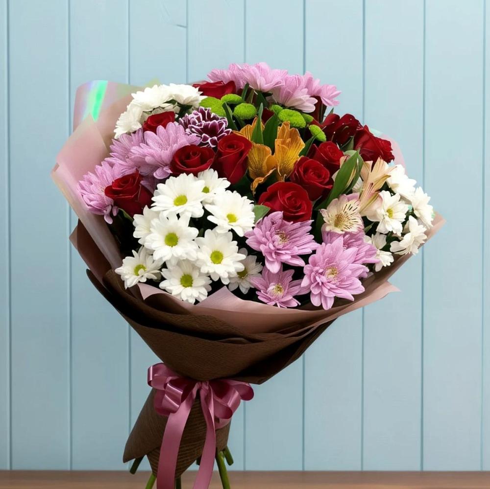 Букет цветов из: Розы, Хризантемы и Альстромерии в Пшизове