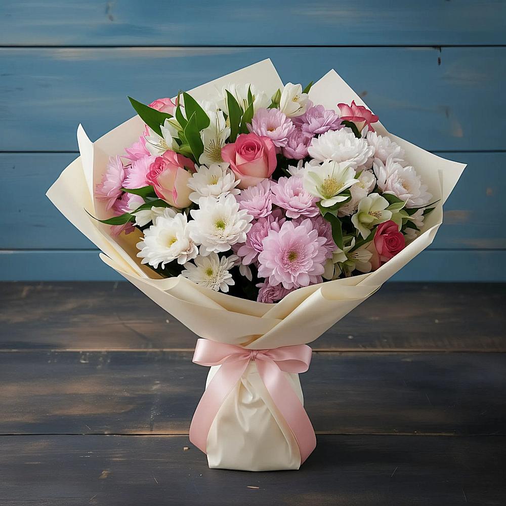 Букет цветов из: Хризантемы, Альстромерии и Розы в Пшизове